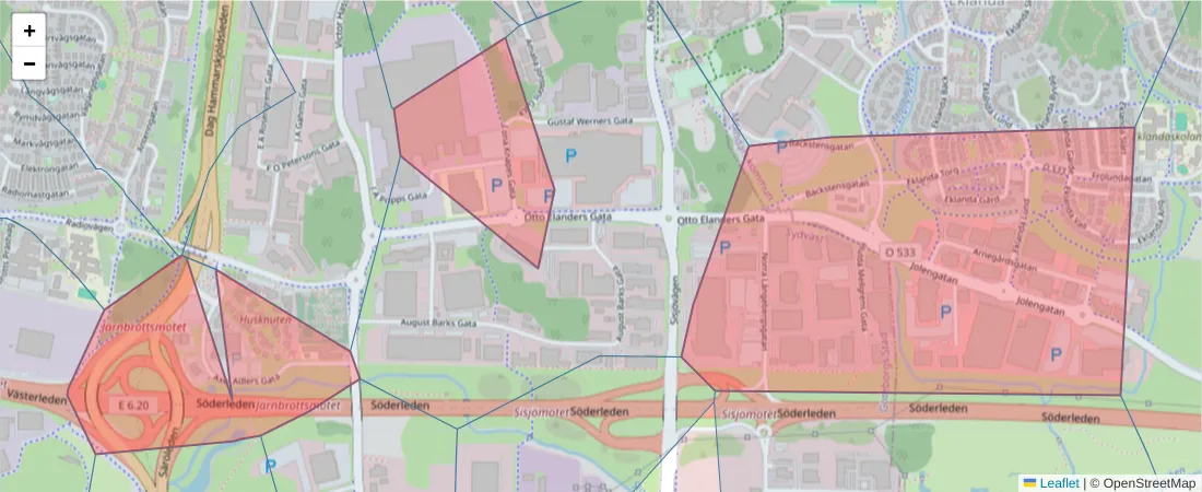 Karta över postnummerområdet  och angränsande postnummer i Sverige