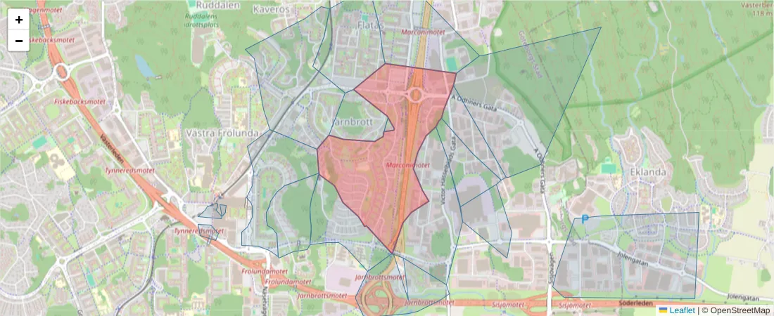 Karta över postnummerområdet  och angränsande postnummer i Sverige