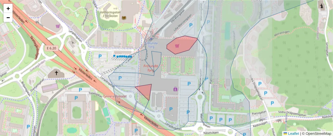 Karta över postnummerområdet  och angränsande postnummer i Sverige
