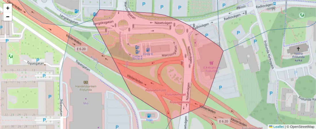 Karta över postnummerområdet  och angränsande postnummer i Sverige