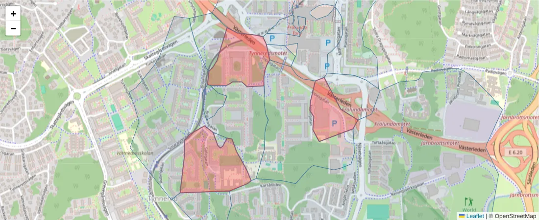 Karta över postnummerområdet  och angränsande postnummer i Sverige