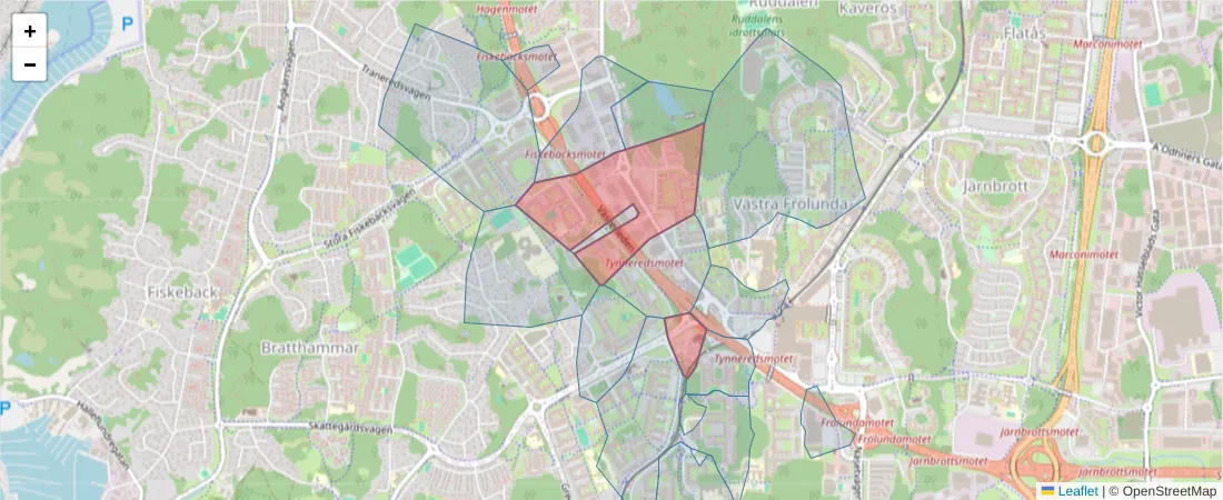 Karta över postnummerområdet  och angränsande postnummer i Sverige
