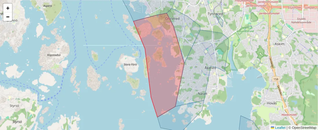 Karta över postnummerområdet  och angränsande postnummer i Sverige