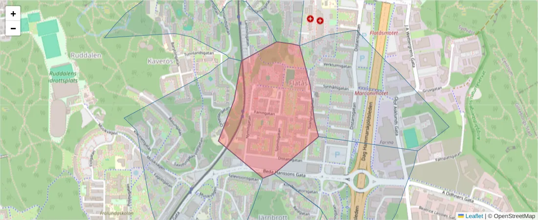 Karta över postnummerområdet  och angränsande postnummer i Sverige