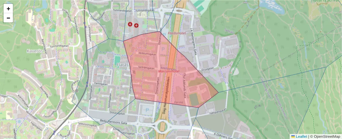 Karta över postnummerområdet  och angränsande postnummer i Sverige