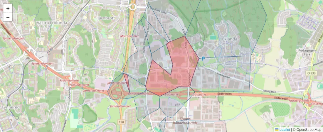 Karta över postnummerområdet  och angränsande postnummer i Sverige