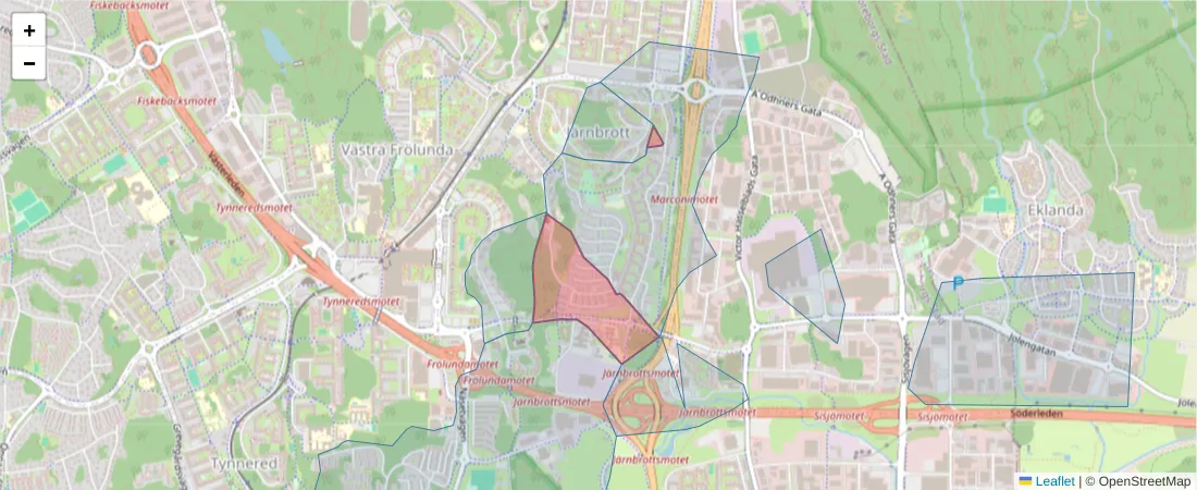 Karta över postnummerområdet  och angränsande postnummer i Sverige