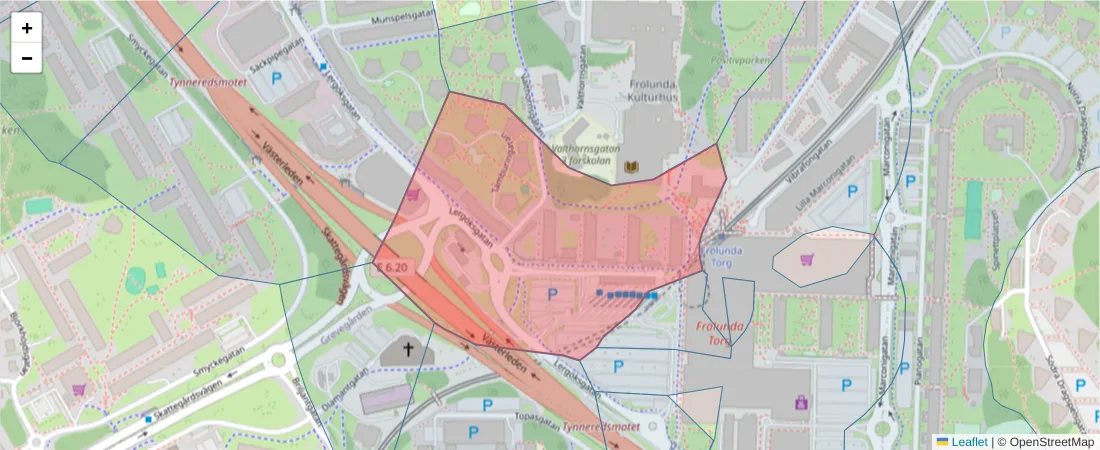 Karta över postnummerområdet  och angränsande postnummer i Sverige