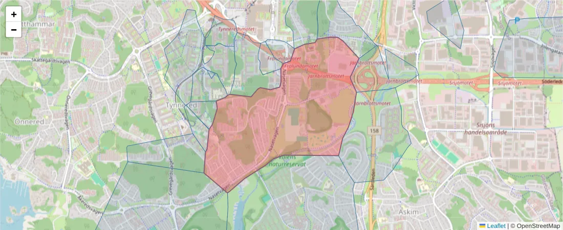 Karta över postnummerområdet  och angränsande postnummer i Sverige
