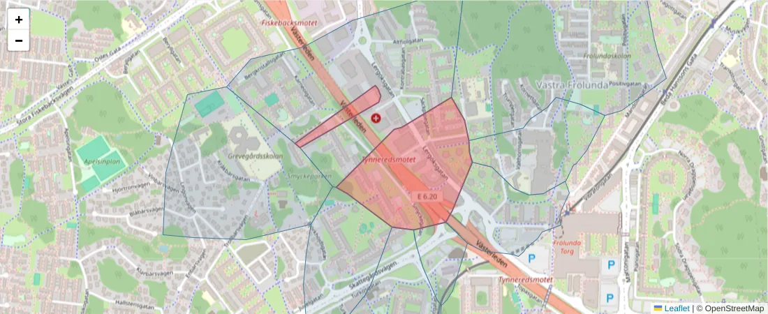 Karta över postnummerområdet  och angränsande postnummer i Sverige