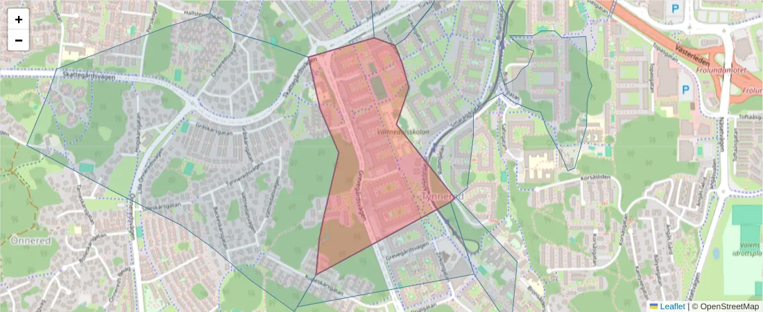 Karta över postnummerområdet  och angränsande postnummer i Sverige