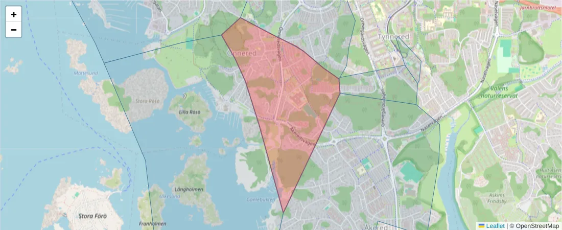 Karta över postnummerområdet  och angränsande postnummer i Sverige