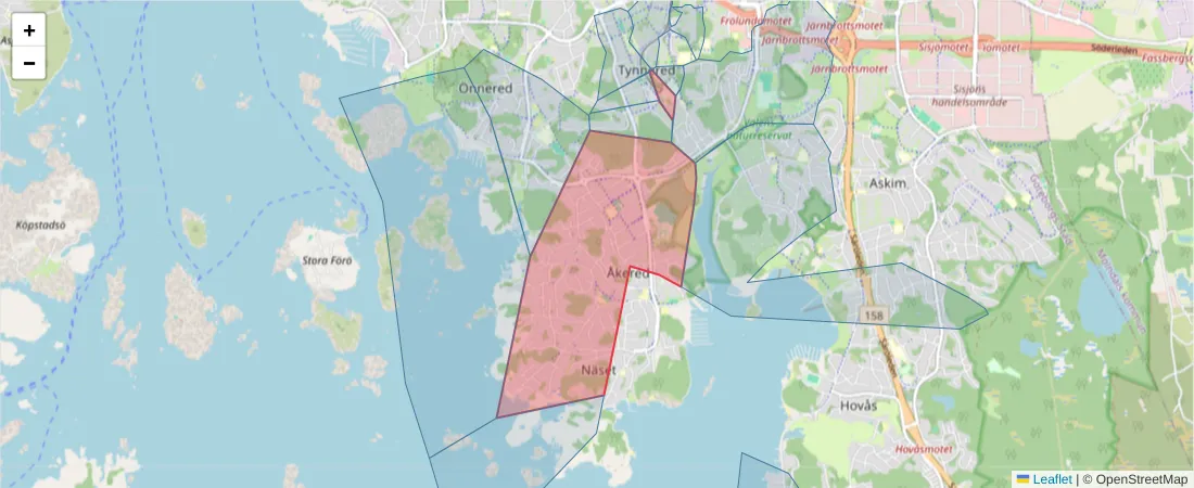 Karta över postnummerområdet  och angränsande postnummer i Sverige