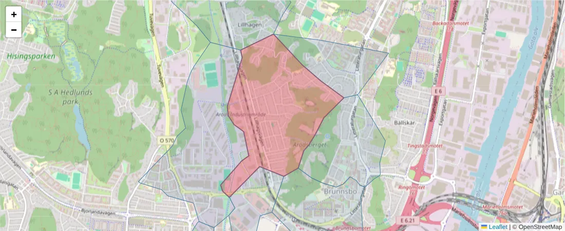 Karta över postnummerområdet  och angränsande postnummer i Sverige