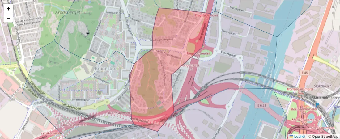 Karta över postnummerområdet  och angränsande postnummer i Sverige