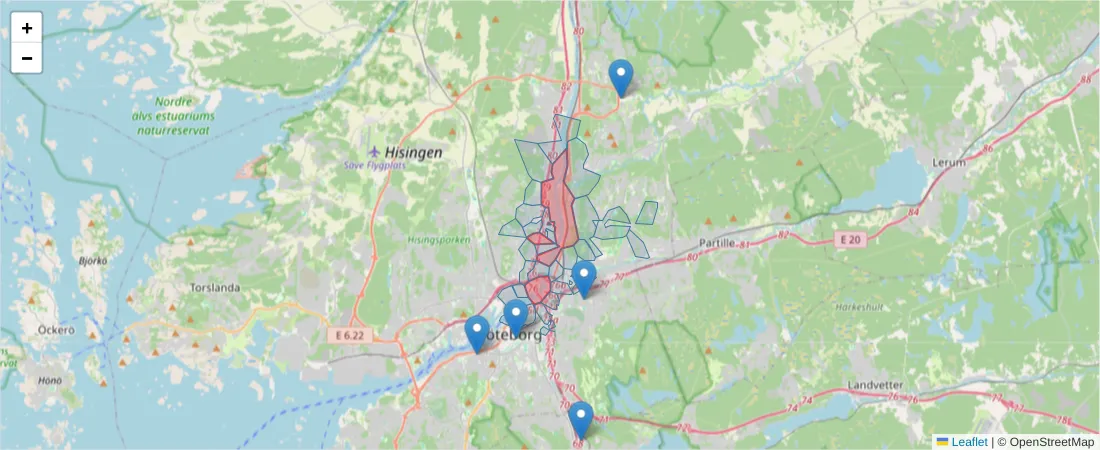 Karta över postnummerområdet  och angränsande postnummer i Sverige
