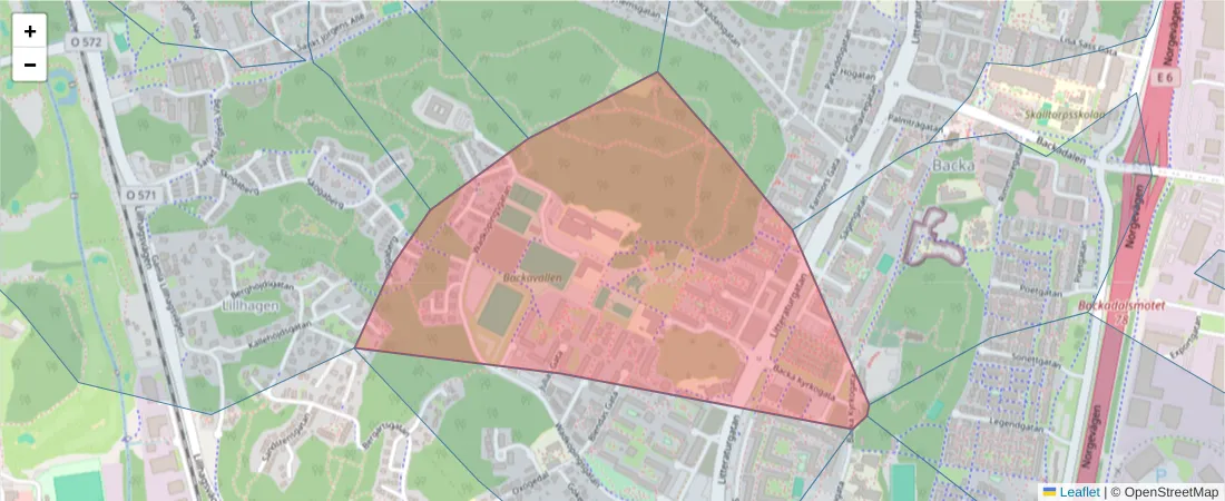 Karta över postnummerområdet  och angränsande postnummer i Sverige
