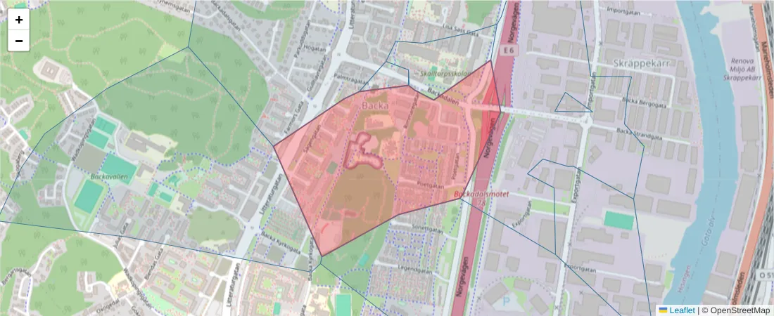 Karta över postnummerområdet  och angränsande postnummer i Sverige