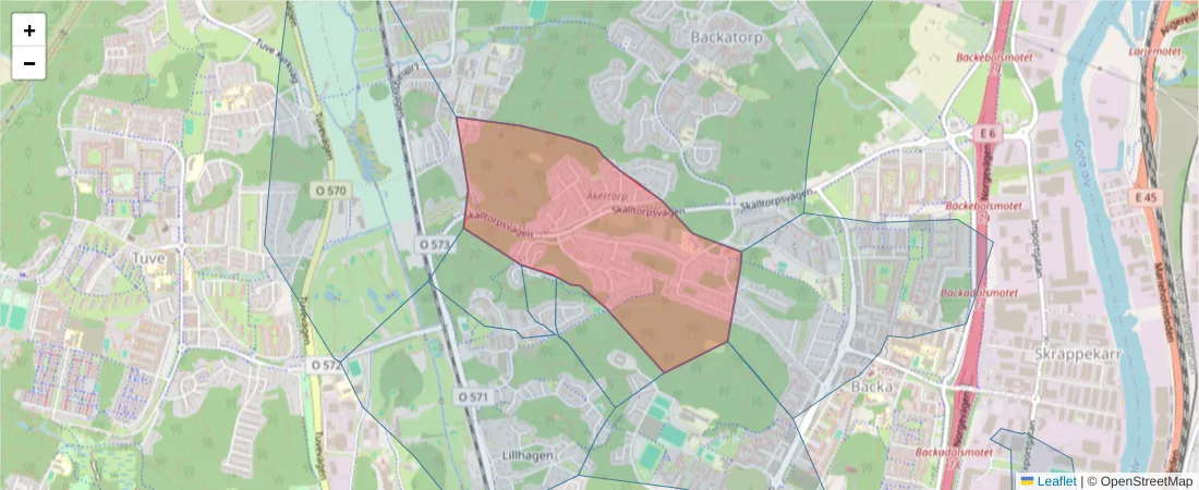Karta över postnummerområdet  och angränsande postnummer i Sverige