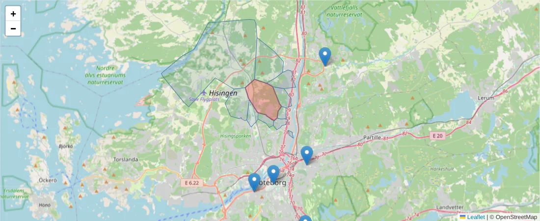 Karta över postnummerområdet  och angränsande postnummer i Sverige
