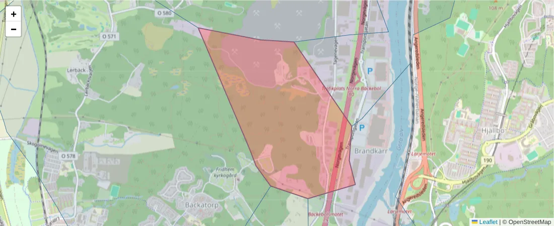 Karta över postnummerområdet  och angränsande postnummer i Sverige