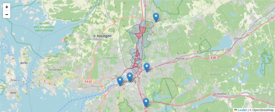 Karta över postnummerområdet  och angränsande postnummer i Sverige
