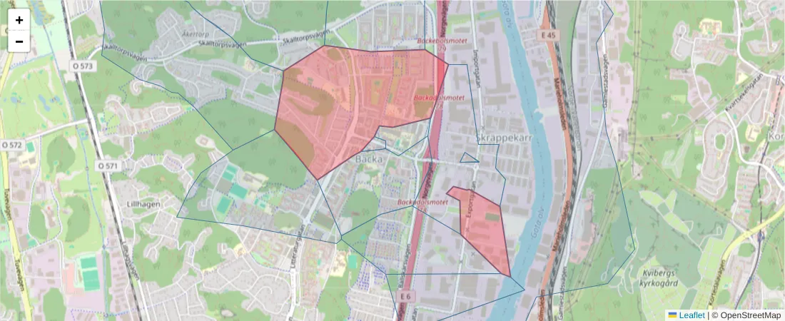 Karta över postnummerområdet  och angränsande postnummer i Sverige