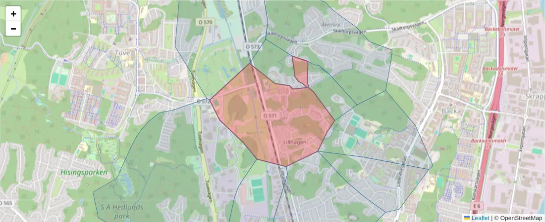 Karta över postnummerområdet  och angränsande postnummer i Sverige