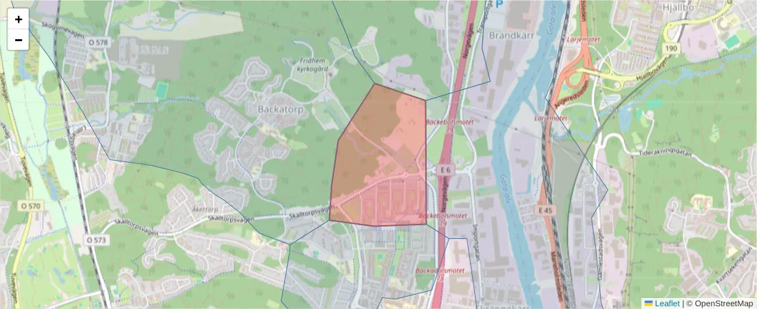Karta över postnummerområdet  och angränsande postnummer i Sverige