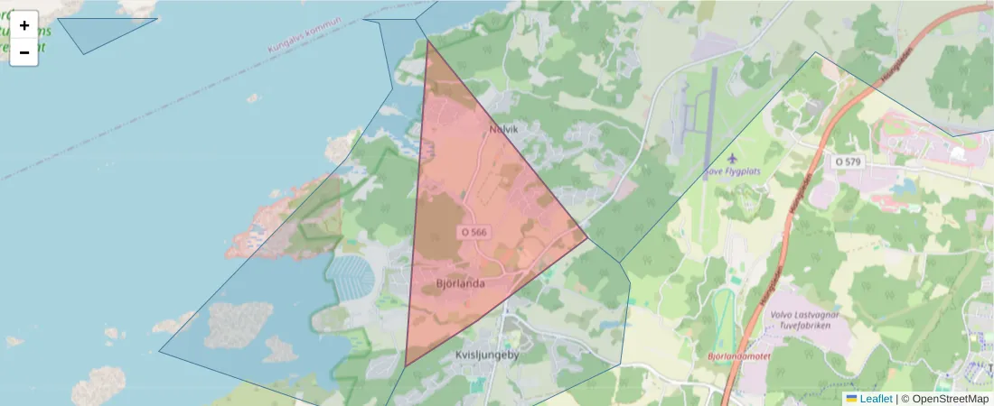 Karta över postnummerområdet  och angränsande postnummer i Sverige