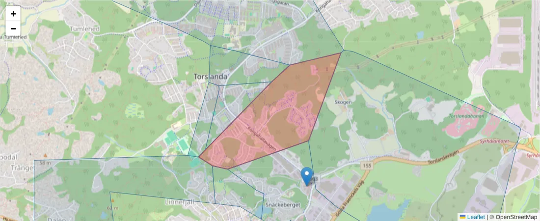 Karta över postnummerområdet  och angränsande postnummer i Sverige