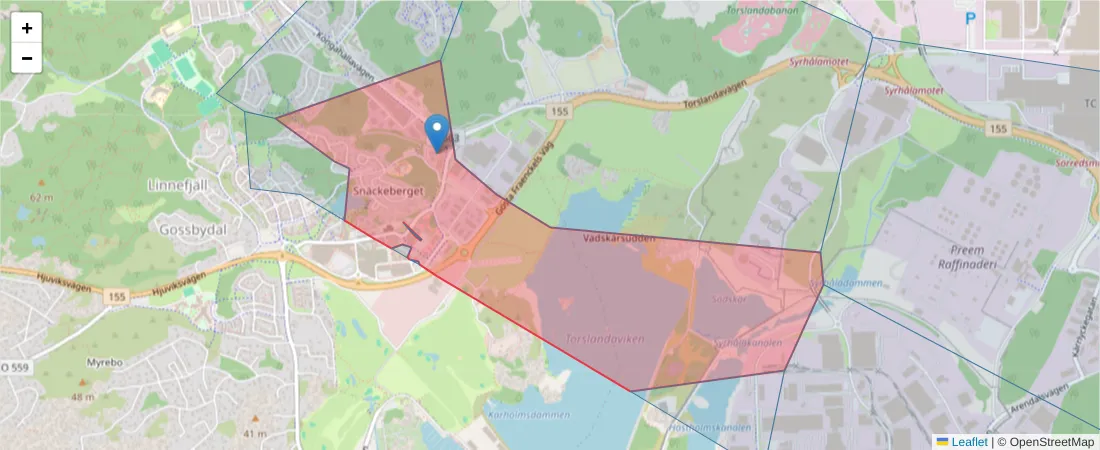 Karta över postnummerområdet  och angränsande postnummer i Sverige