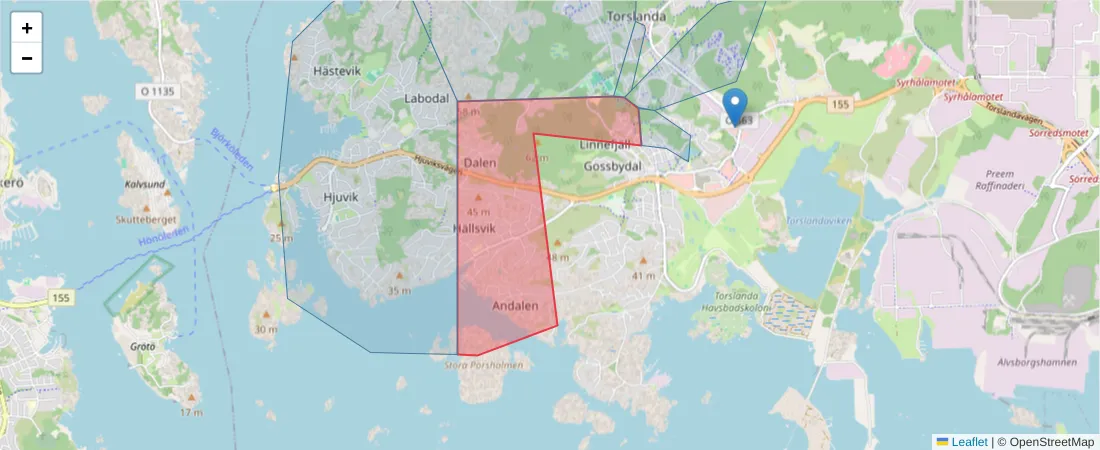 Karta över postnummerområdet  och angränsande postnummer i Sverige