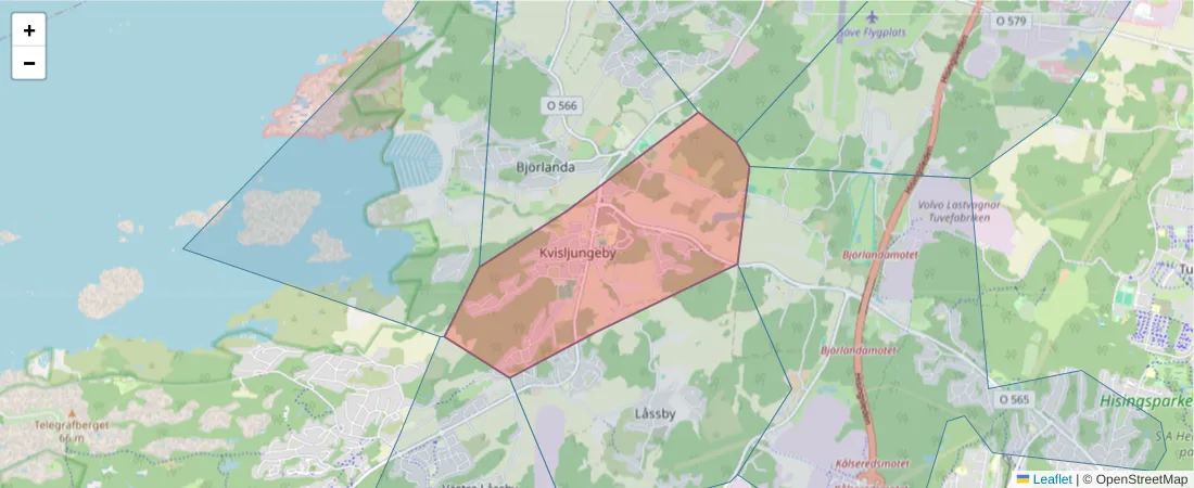 Karta över postnummerområdet  och angränsande postnummer i Sverige