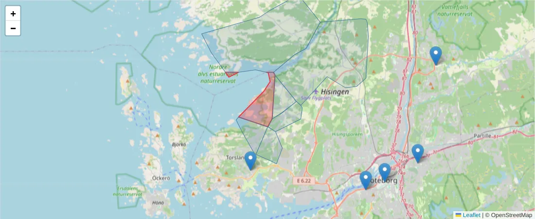 Karta över postnummerområdet  och angränsande postnummer i Sverige
