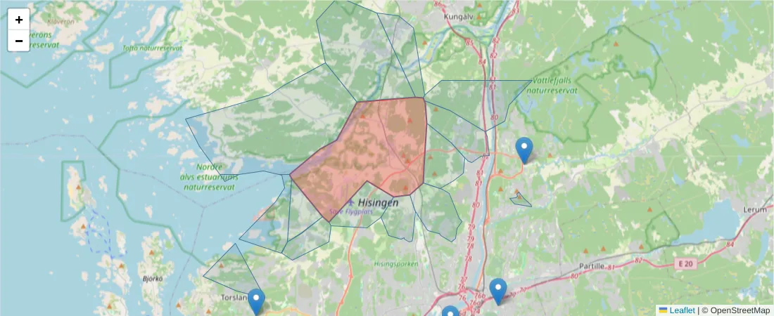 Karta över postnummerområdet  och angränsande postnummer i Sverige