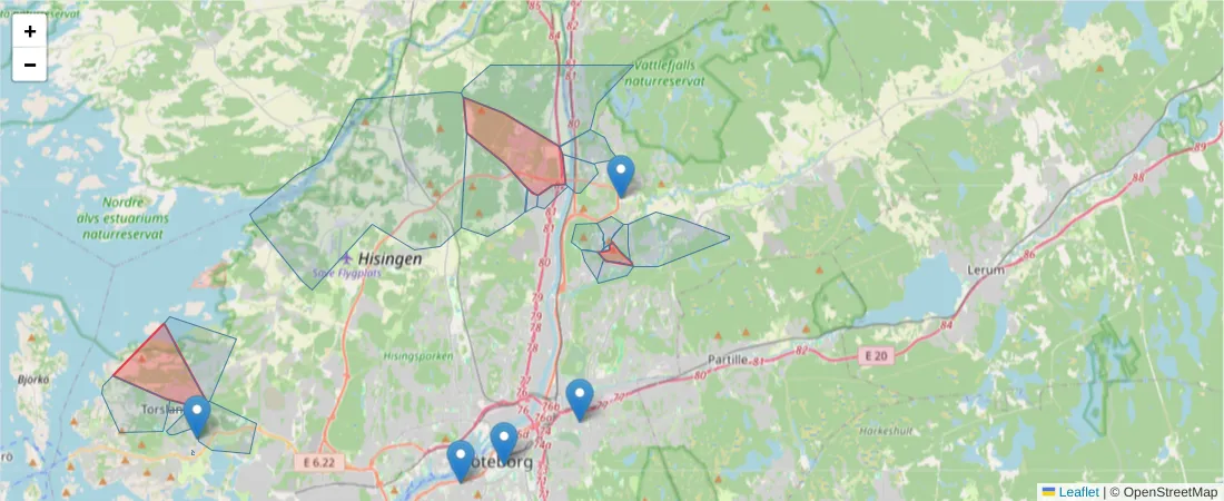 Karta över postnummerområdet  och angränsande postnummer i Sverige