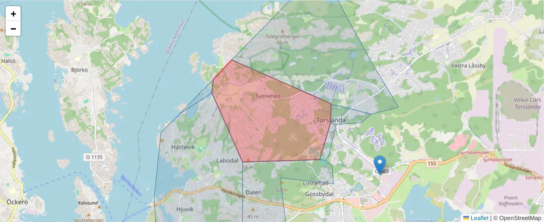 Karta över postnummerområdet  och angränsande postnummer i Sverige
