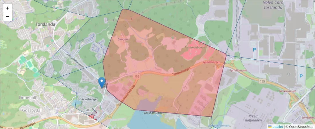 Karta över postnummerområdet  och angränsande postnummer i Sverige