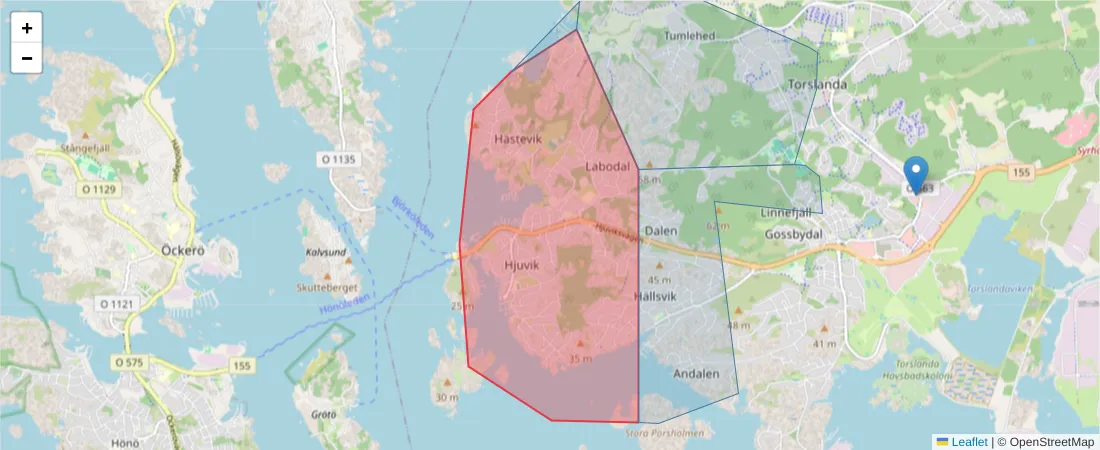 Karta över postnummerområdet  och angränsande postnummer i Sverige