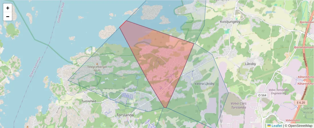 Karta över postnummerområdet  och angränsande postnummer i Sverige