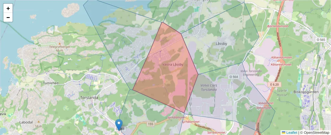 Karta över postnummerområdet  och angränsande postnummer i Sverige