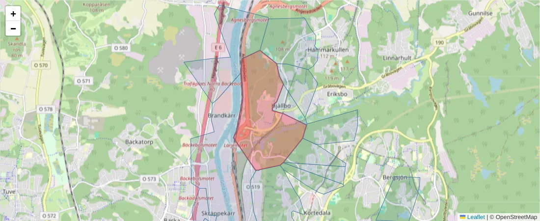 Karta över postnummerområdet  och angränsande postnummer i Sverige