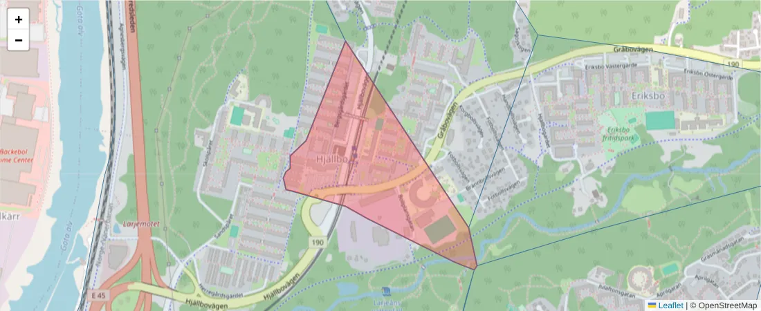 Karta över postnummerområdet  och angränsande postnummer i Sverige