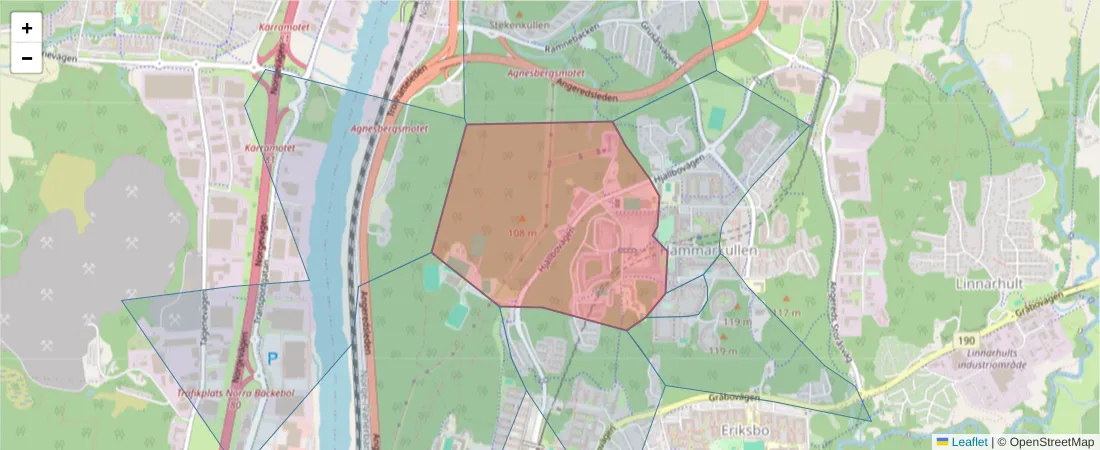 Karta över postnummerområdet  och angränsande postnummer i Sverige