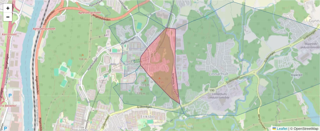 Karta över postnummerområdet  och angränsande postnummer i Sverige