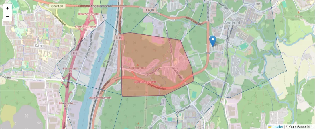 Karta över postnummerområdet  och angränsande postnummer i Sverige