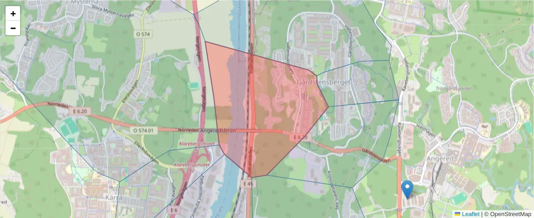Karta över postnummerområdet  och angränsande postnummer i Sverige