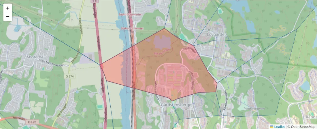 Karta över postnummerområdet  och angränsande postnummer i Sverige