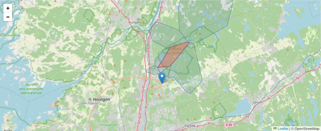 Karta över postnummerområdet  och angränsande postnummer i Sverige